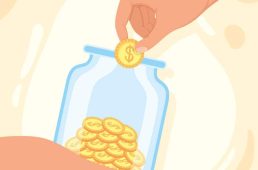 hands insert coins in pot scene