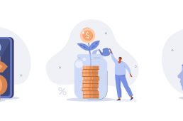 Investment illustration set. People characters investing money in self development, knowledge and education. Personal finance management and financial literacy concept. Vector illustration.