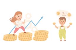 Little Kids Engaged in Economic Education and Financial Literacy Learning Saving and Investing Money Vector Set. Funny Children Controlling Budget and Managing Finance Concept